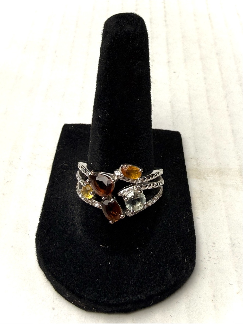 Vintage NVC Fall Rhinestone Cocktail Ring Size 8 Silver Tone Multi Band